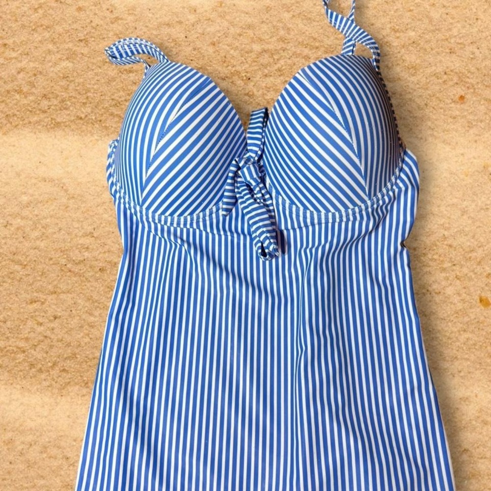 Blue White Striped Underwire Tankini Top Sweetheart Neck Adjustable Straps M-DD